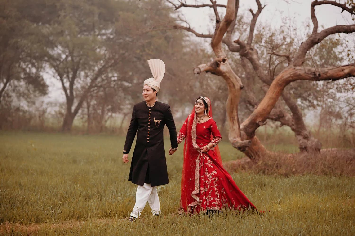 Couple in a wide misty field beneath a bare tree